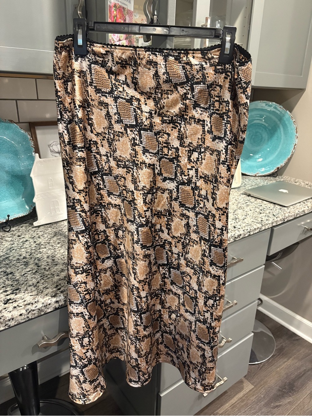 Snake Print Satin Midi Skirt in Beige and Black